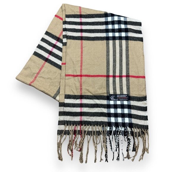 Vintage Cashmere Blend Scarf beige Windowpane Fringe 44x12” - Picture 1 of 3